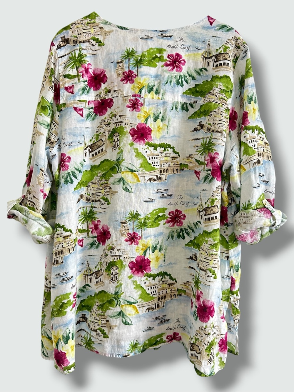 CYNTHIA ROWLEY 100% LINEN Plus Size 2X Italy Coastal Prints Button Down Top - Picture 2 of 7